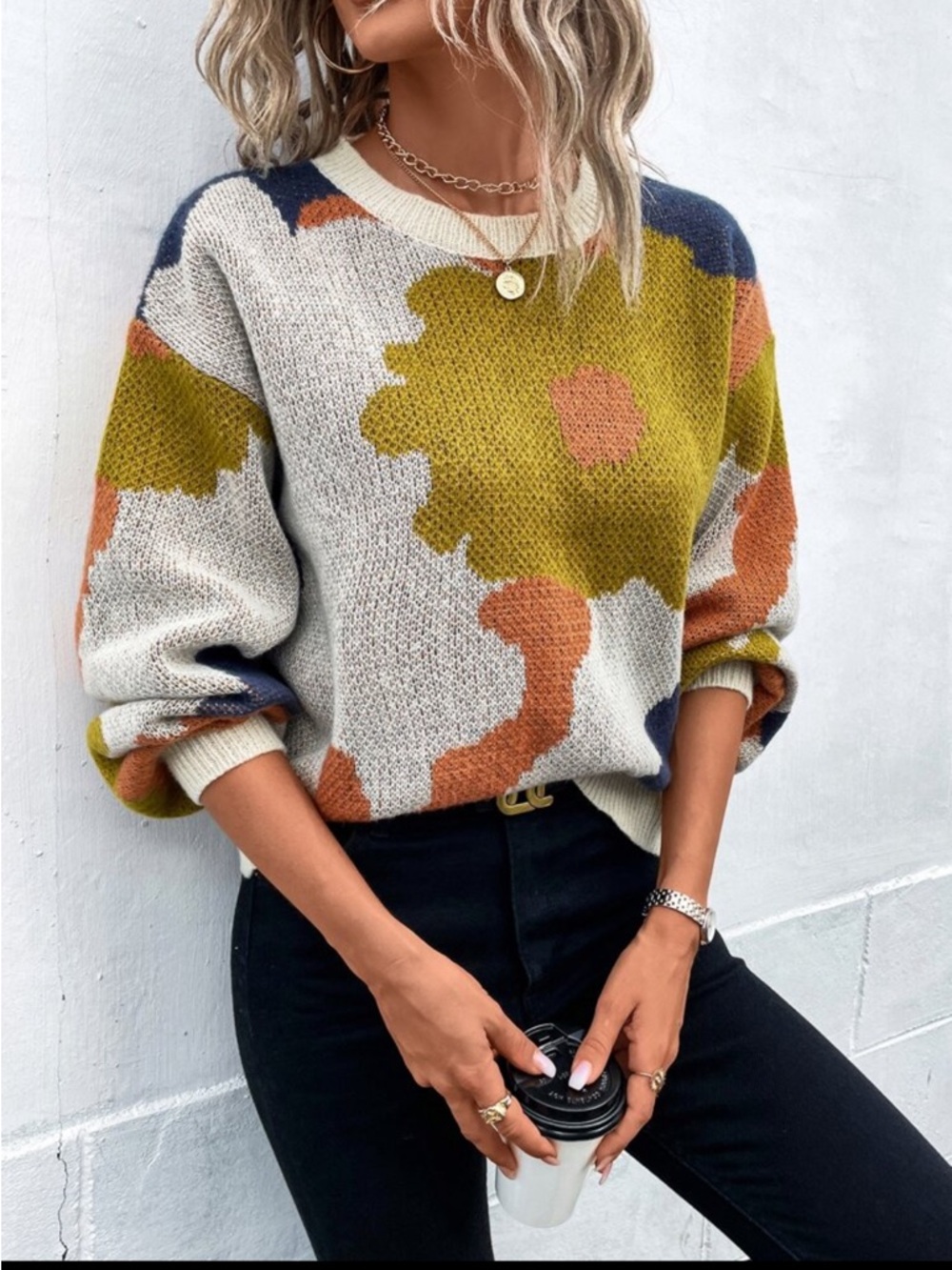 SHEIN Women's Abstract Floral Color Block Sweater Medium